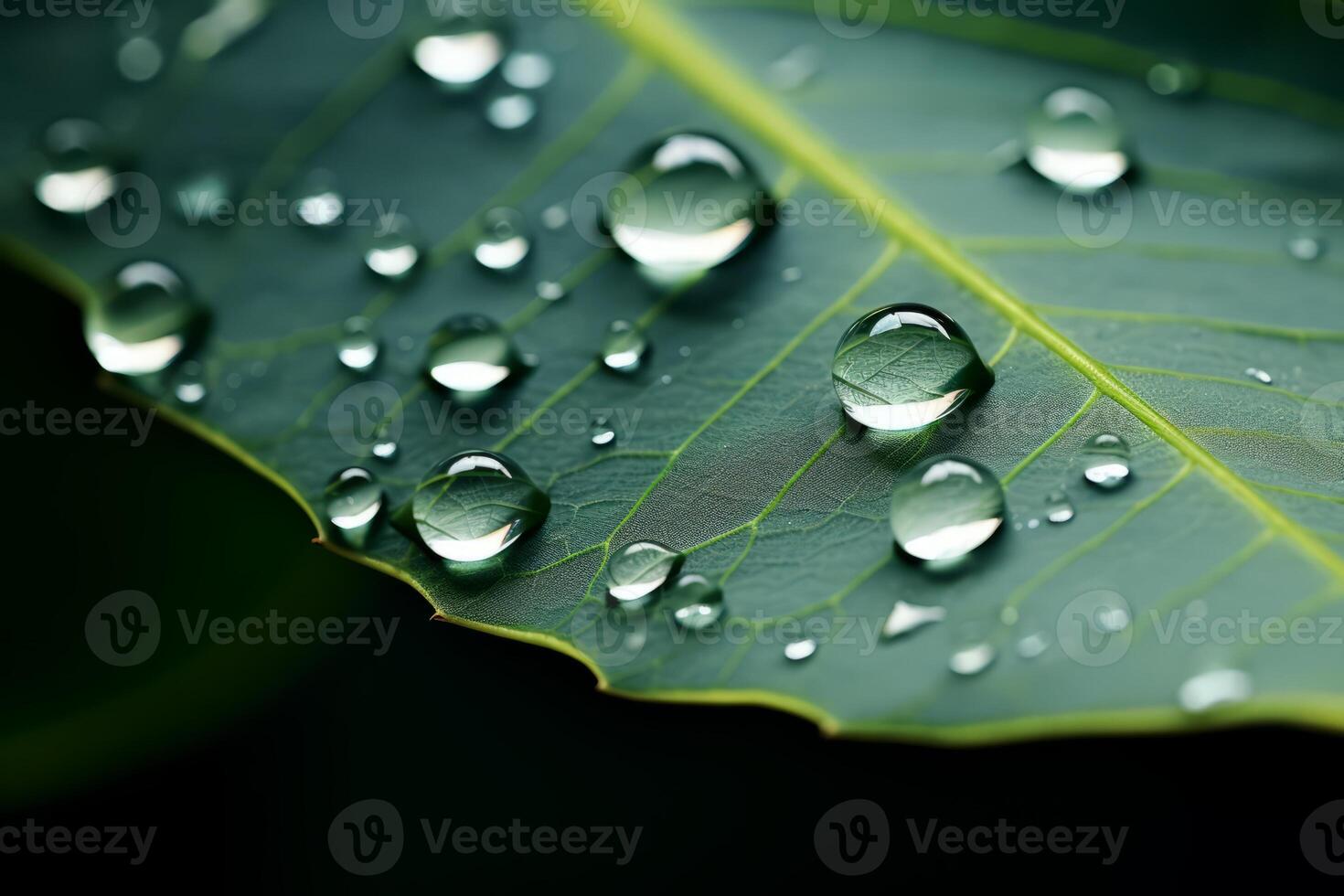 AI generated A close up of water droplets on a leaf, catching the light in a delicate balance. Generative AI photo