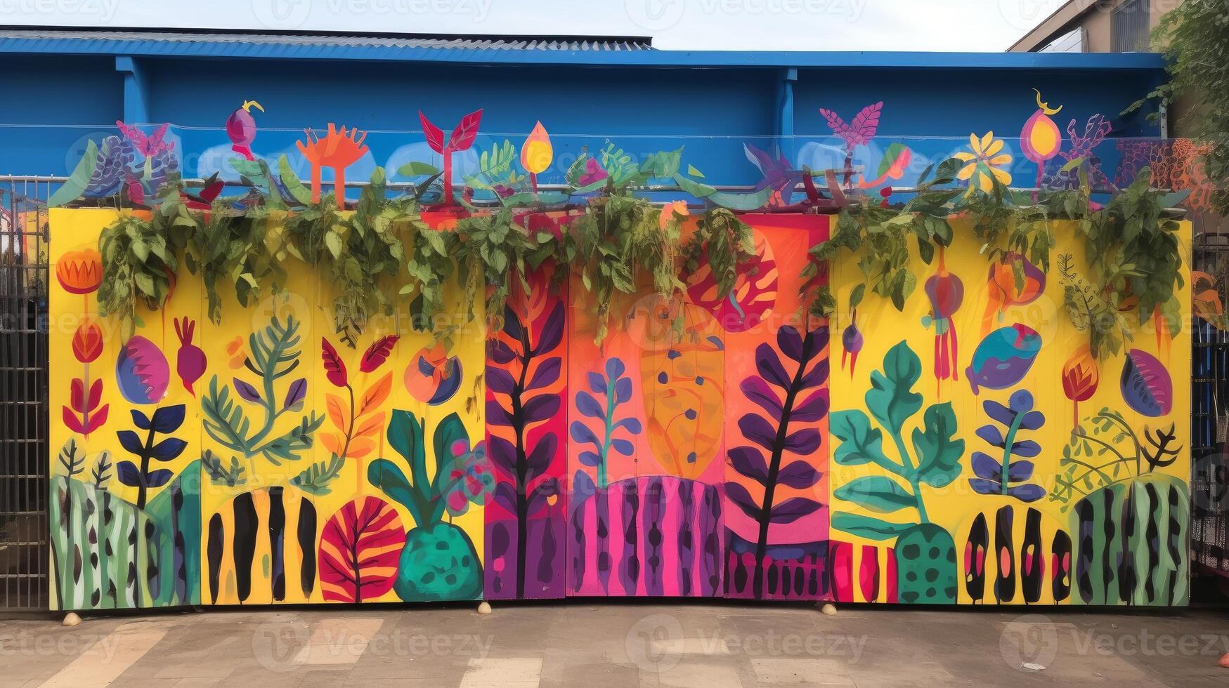 AI generated A close-up of a wall decorated with colorful artwork. Generative AI photo