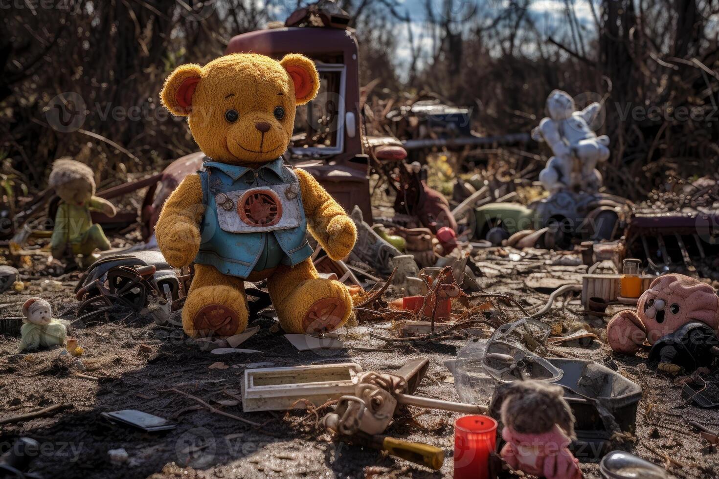 AI generated Forgotten toy graveyard with broken dolls. Generative AI photo