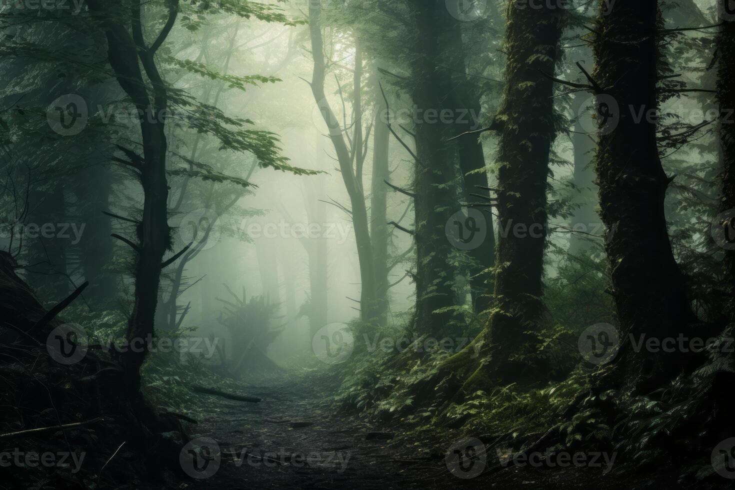 AI generated Mystical foggy forest with trees disappearing into the mist. Generative AI photo