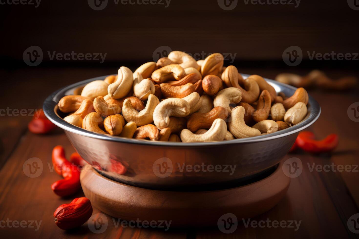 AI generated Cashew nuts in a stainless steel bowl. Generative AI photo