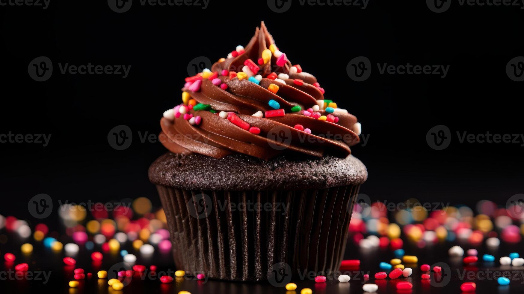 AI generated Classic chocolate cupcake adorned with colorful sprinkles. Generative AI photo