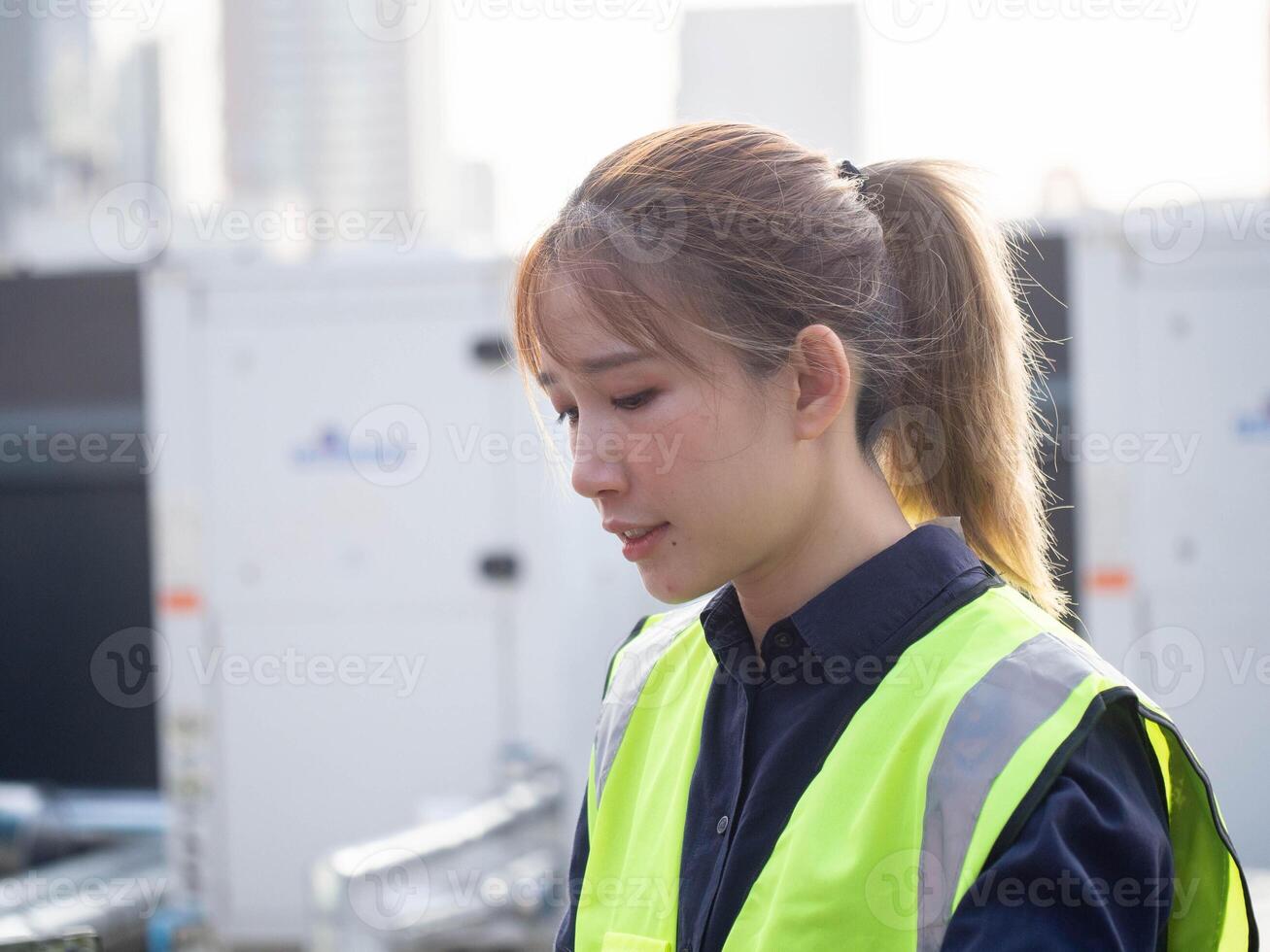 Female woman person people human long hair safety factory employee construction manager technology equipment manufacturing warehouse outdoor check up portrait  smile happy colleague girl technician photo