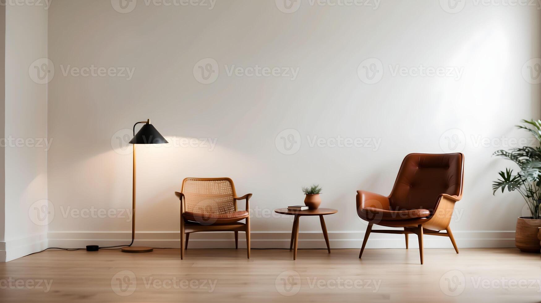 AI generated Beautiful mid-century minimalistic white wall mockup of room interior with the retro interior design, armchair, lamp, table, copy space on the white wall. Interior design. photo