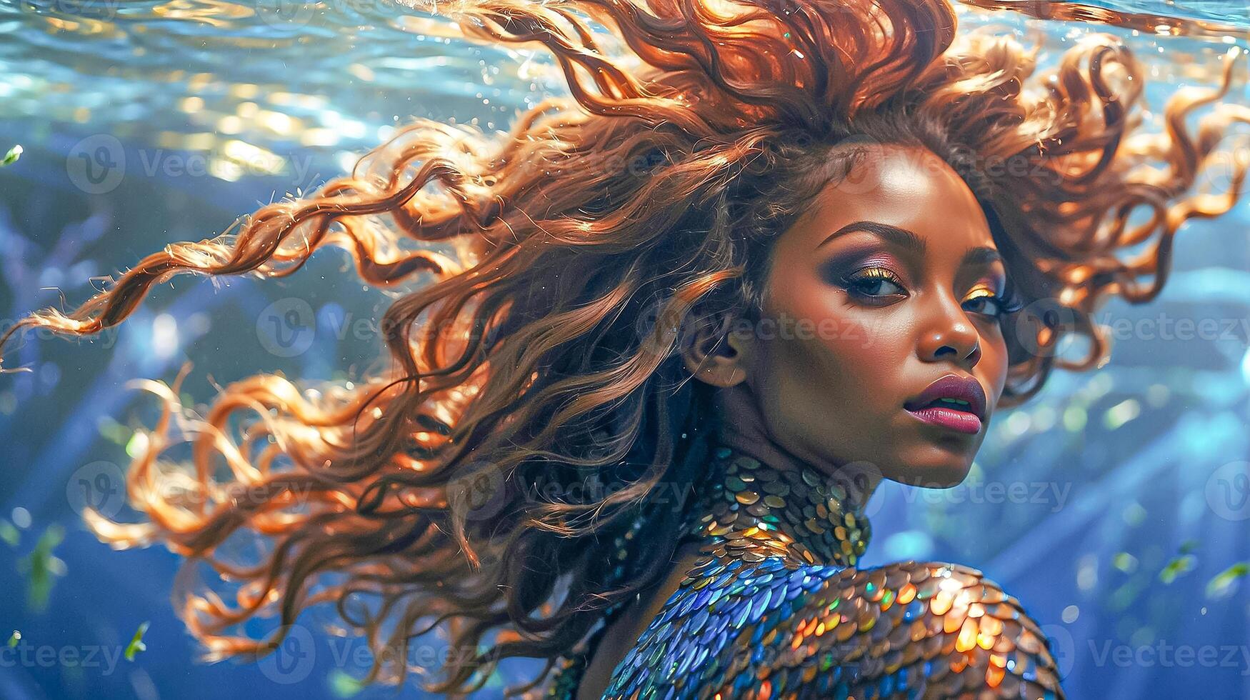 ai generado surrealista retrato de joven africano mujer con vistoso creativo iridiscente maquillaje en cara con multicolor escamas, nadando debajo agua de el océano. fantástico belleza fotografía. foto