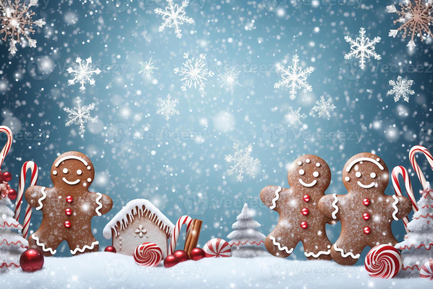 AI generated Festive christmas scene with colorful gingerbread cookies and candy canes. Generative AI photo