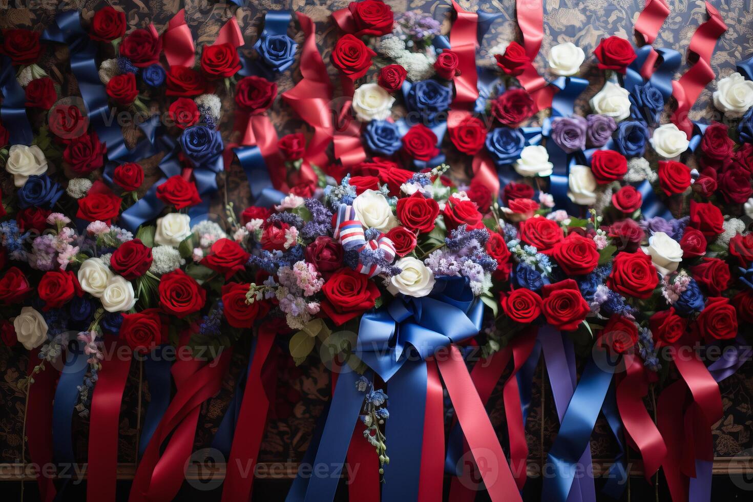 AI generated A Patriot Day tribute wall adorned with American flag ribbons and flowers. Generative AI photo