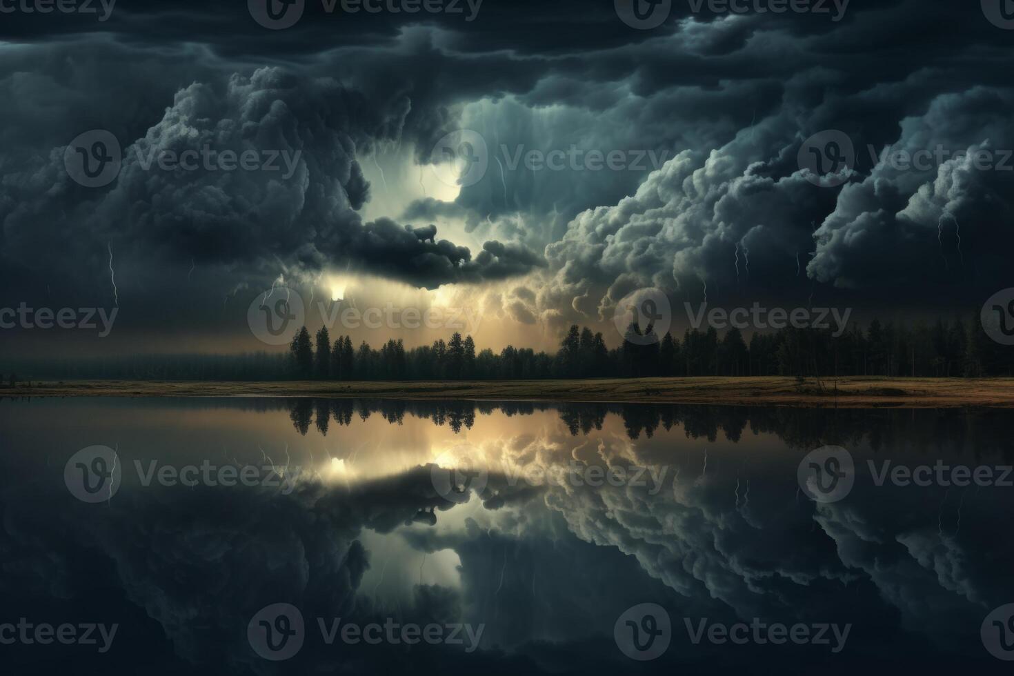 AI generated A dramatic reflection of a thunderstorm brewing in the darkened sky. Generative AI photo