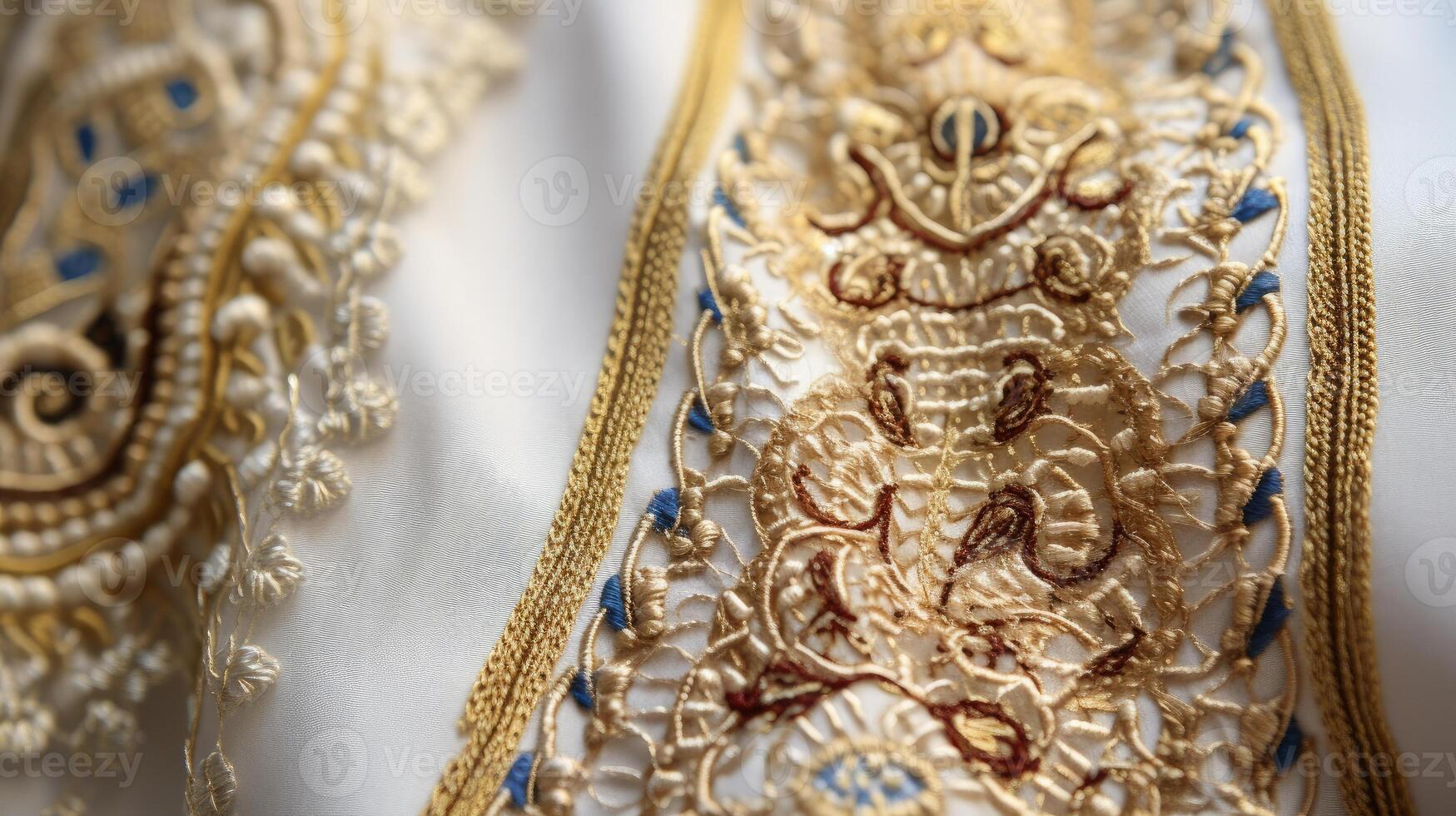 AI generated A close-up of a Shemini Atzeret prayer shawl. Generative AI photo
