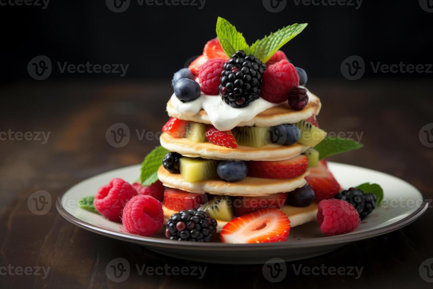 AI generated A stack of mini pancakes with fresh fruit toppings. Generative AI photo
