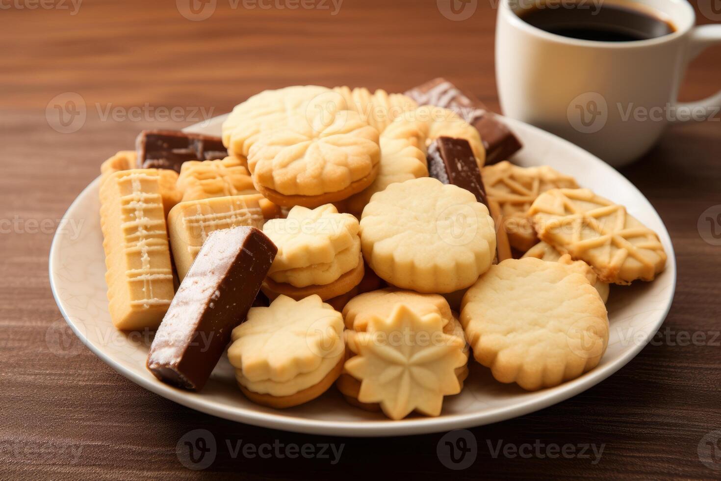 AI generated A plate of buttery shortbread cookies in various shapes. Generative AI photo