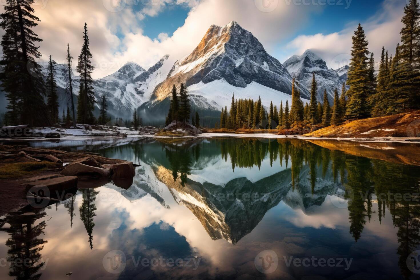 AI generated The beauty of a mountain reflected in a calm pond. Generative AI photo