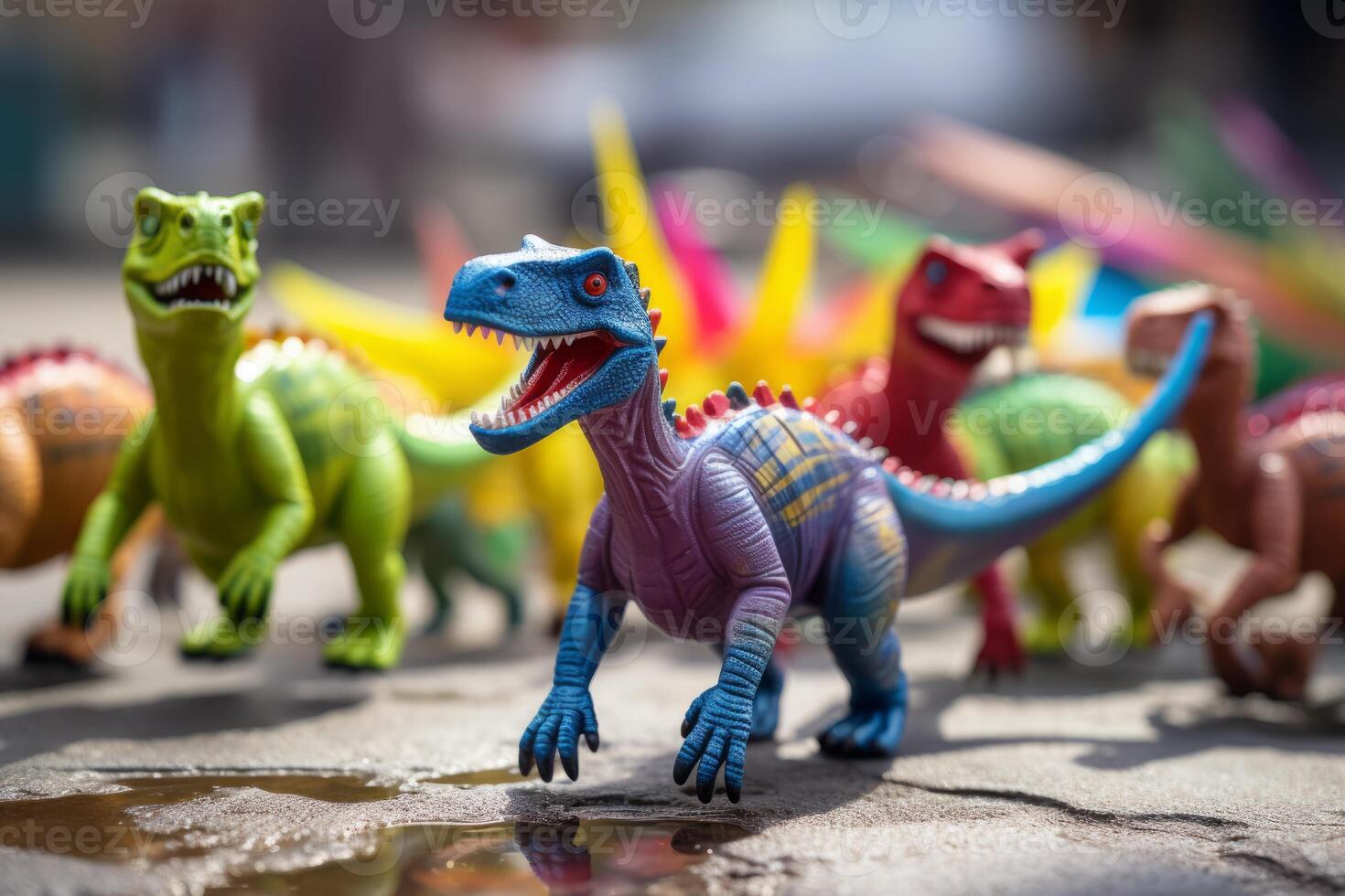 AI generated A playful composition of a toy dinosaur leading a parade of miniature plastic animals. Generative AI photo