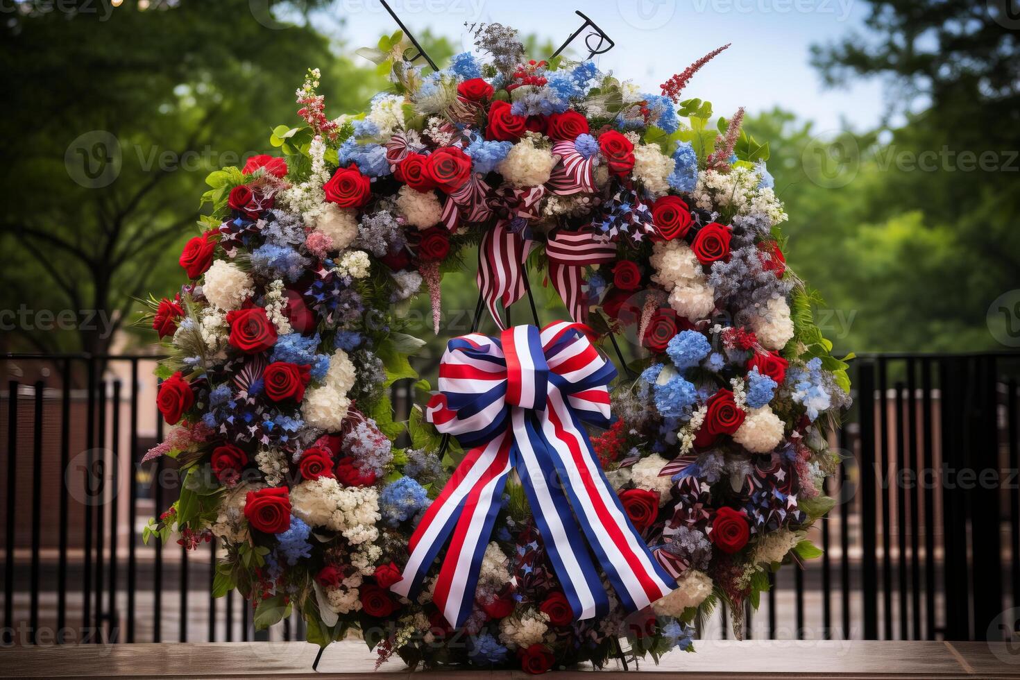 AI generated A Patriot Day memorial adorned with wreaths, ribbons, and an American flag background. Generative AI photo
