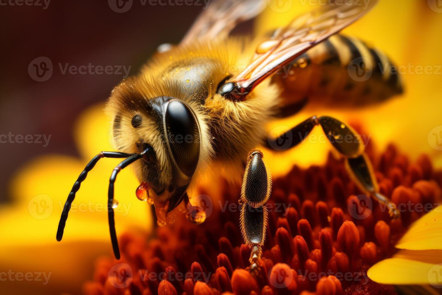 AI generated An extreme close-up of a honeybee collecting pollen from a flower. Generative AI photo
