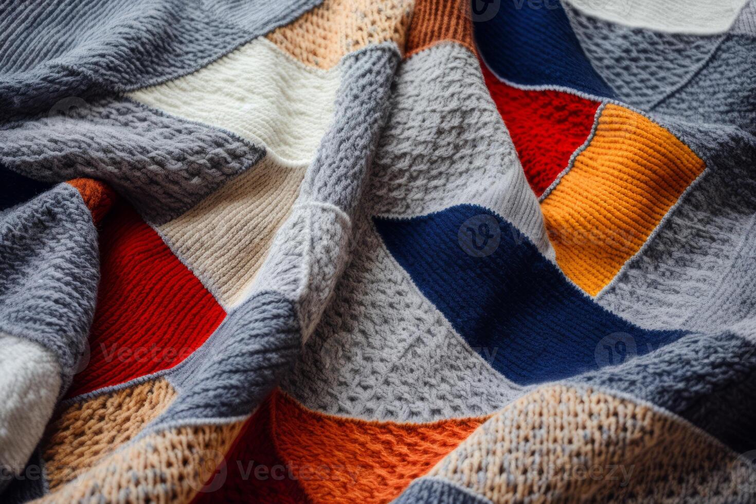 AI generated A cozy knitted blanket in a patchwork pattern. Generative AI photo