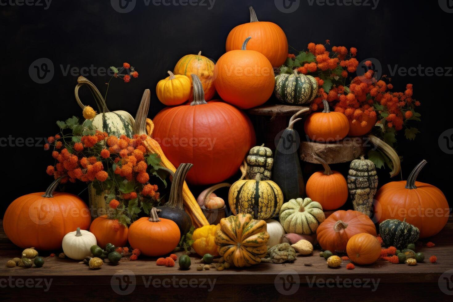 AI generated Pumpkins and gourds arranged in a display. Generative AI photo