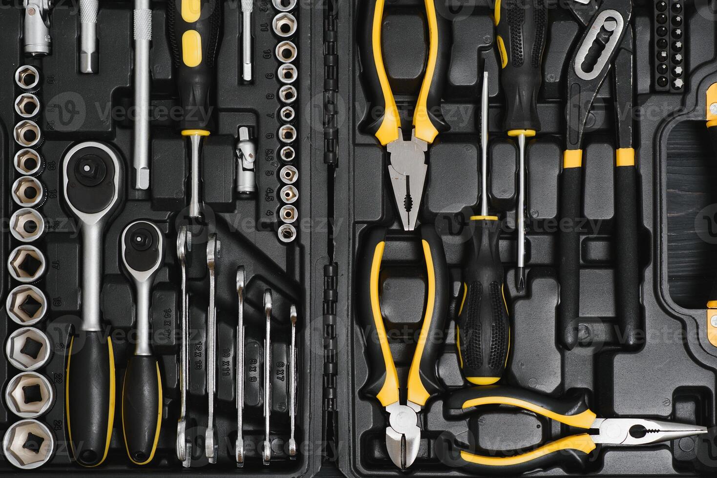 Set of tools for car repair in box, closeup. photo