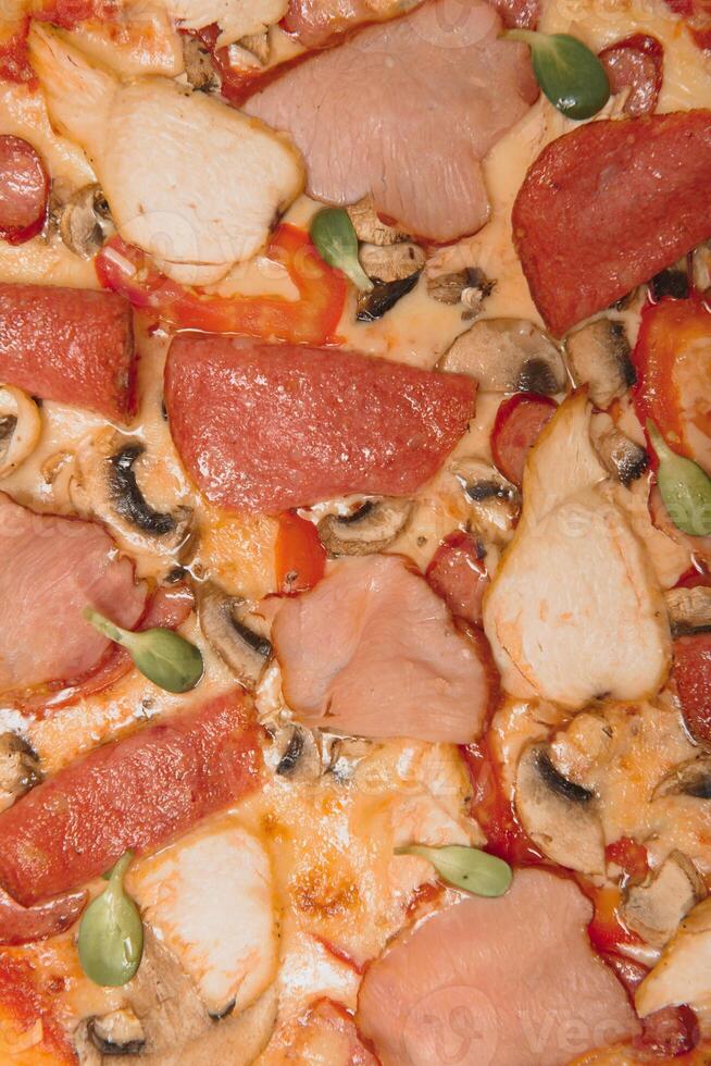 whole pizza with different meat toppings photo