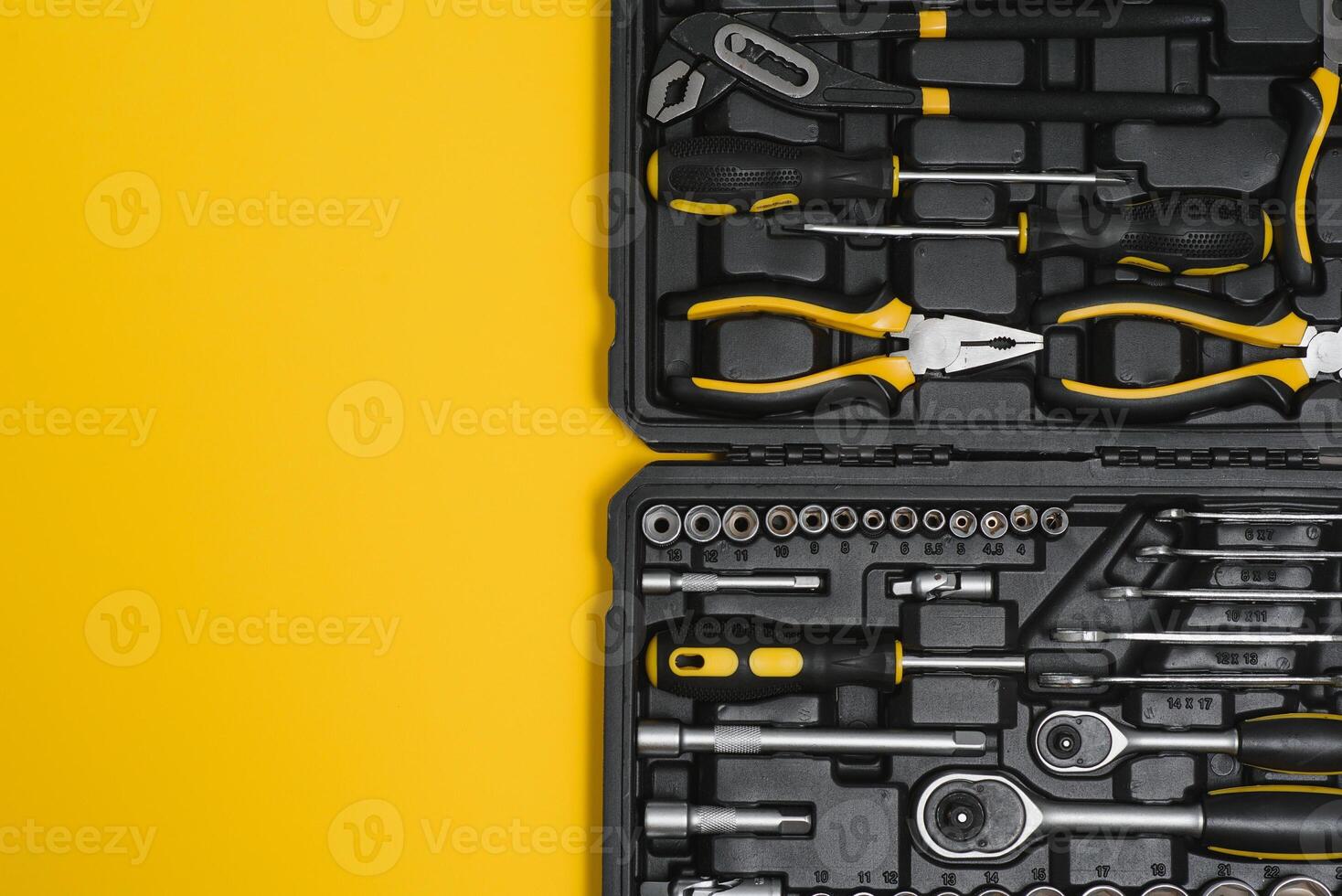 Box with set of tools for car repair, closeup. photo