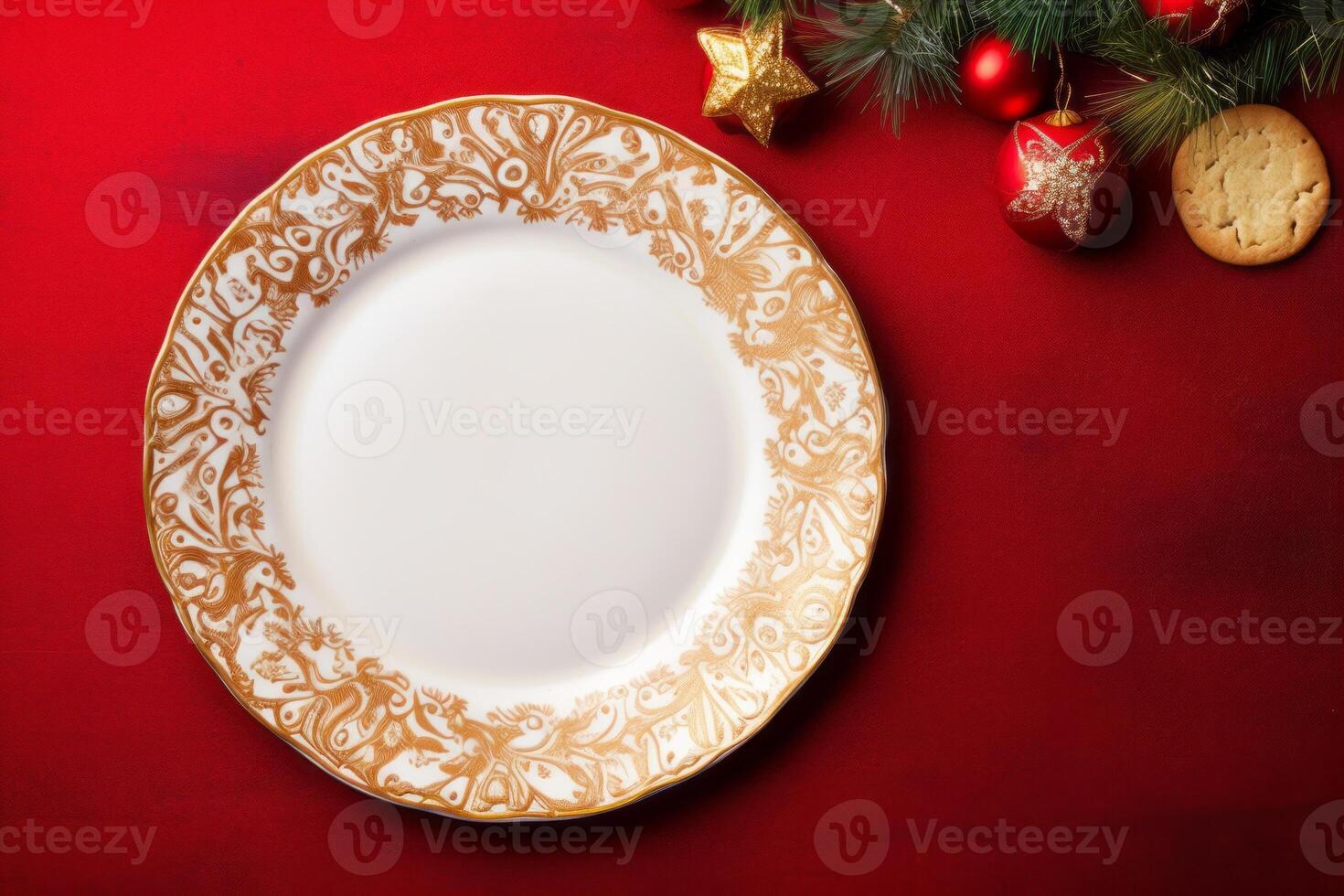 AI generated White and gold plate sitting on top of a red table. Generative AI photo