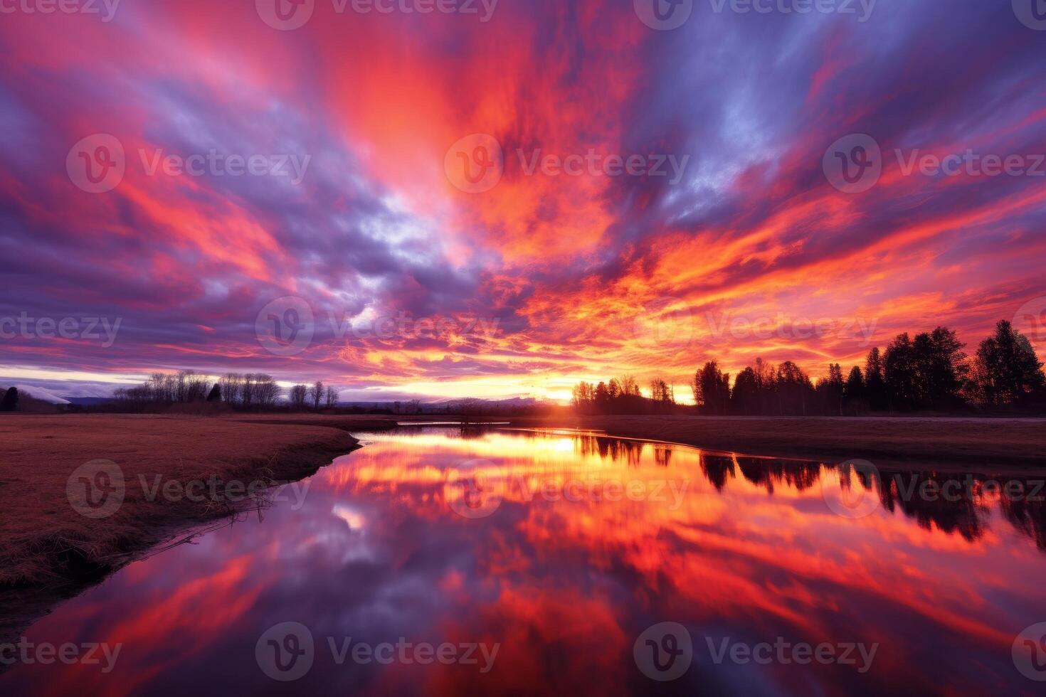 AI generated Vibrant sunset reflecting on a serene lake with picturesque clouds. Generative AI photo