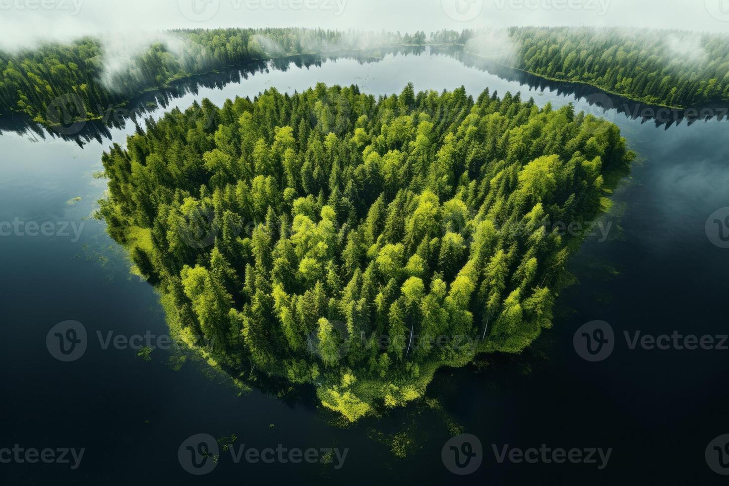 AI generated Aerial perspective of a pristine forest with a serene, reflective lake. Generative AI photo