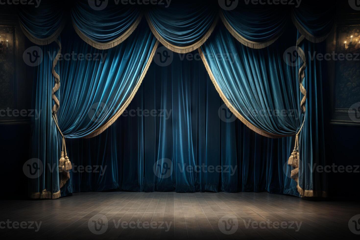 AI generated Theater curtains rising to begin a play. Generative AI photo