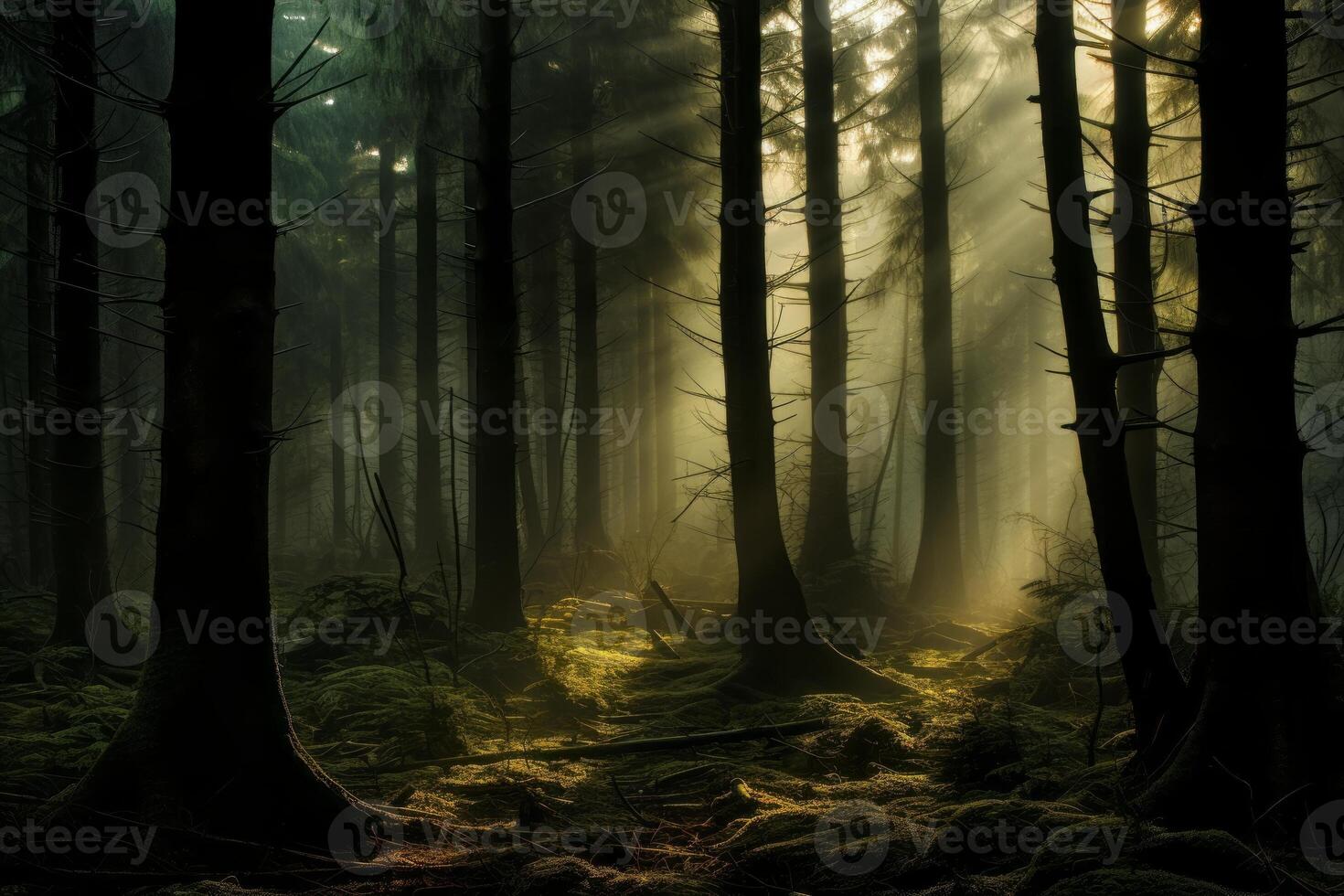 AI generated Mystic forest shrouded in mist and touched by the first light of day. Generative AI photo