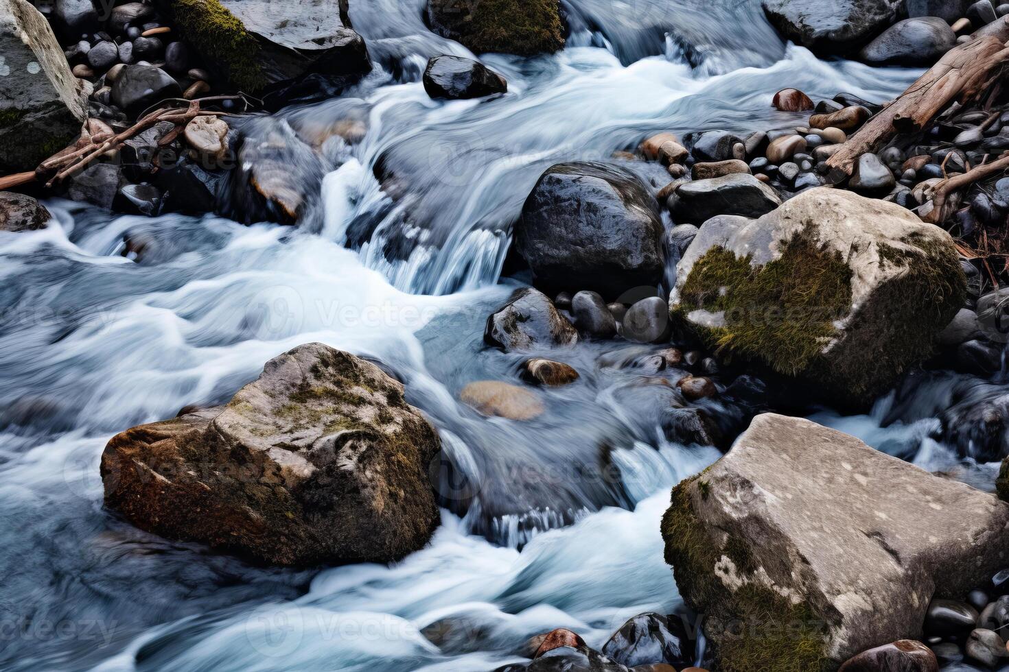 AI generated A close-up of a mountain stream cascading over rocks. Generative AI photo