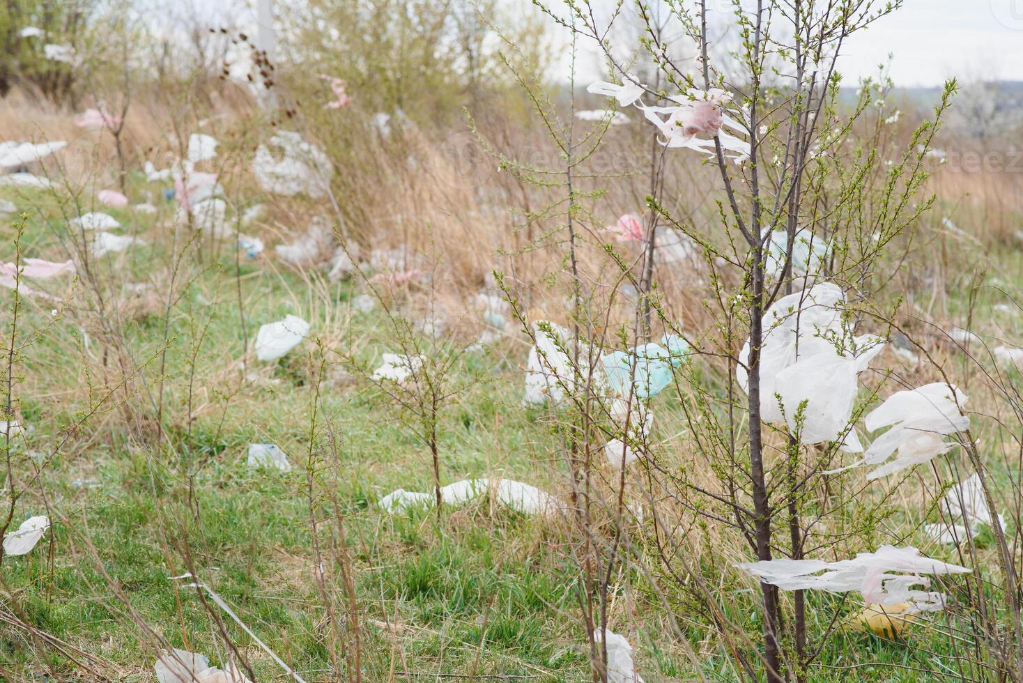 ecológico contaminación de naturaleza. el plastico bolso enredado en plantas en contra el fondo de el montañas. global ambiental contaminación. reciclaje, claro el tierra desde el plastico escombros. foto