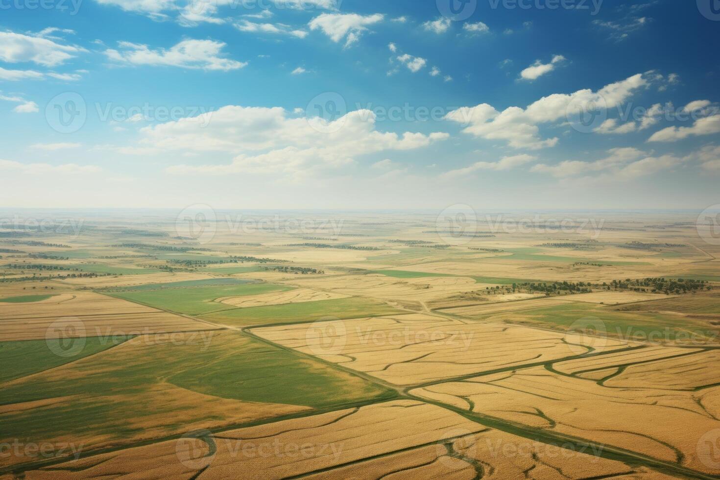 AI generated Aerial view of farmland under a clear blue sky background. Generative AI photo