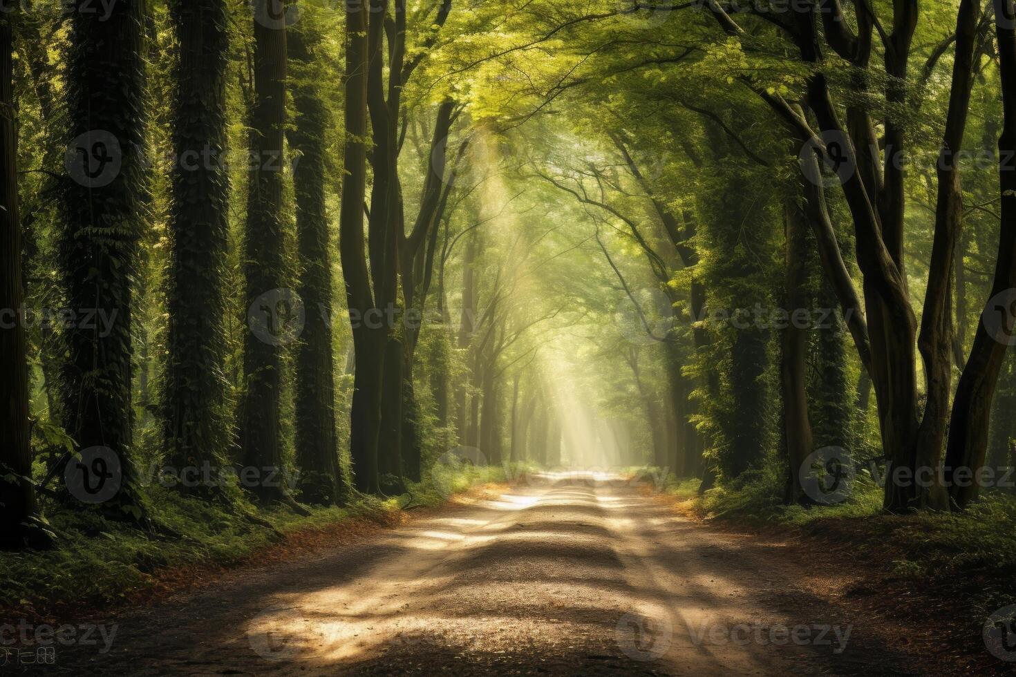 AI generated A rural dirt road bordered by tall trees, creating a natural tunnel. Generative AI photo