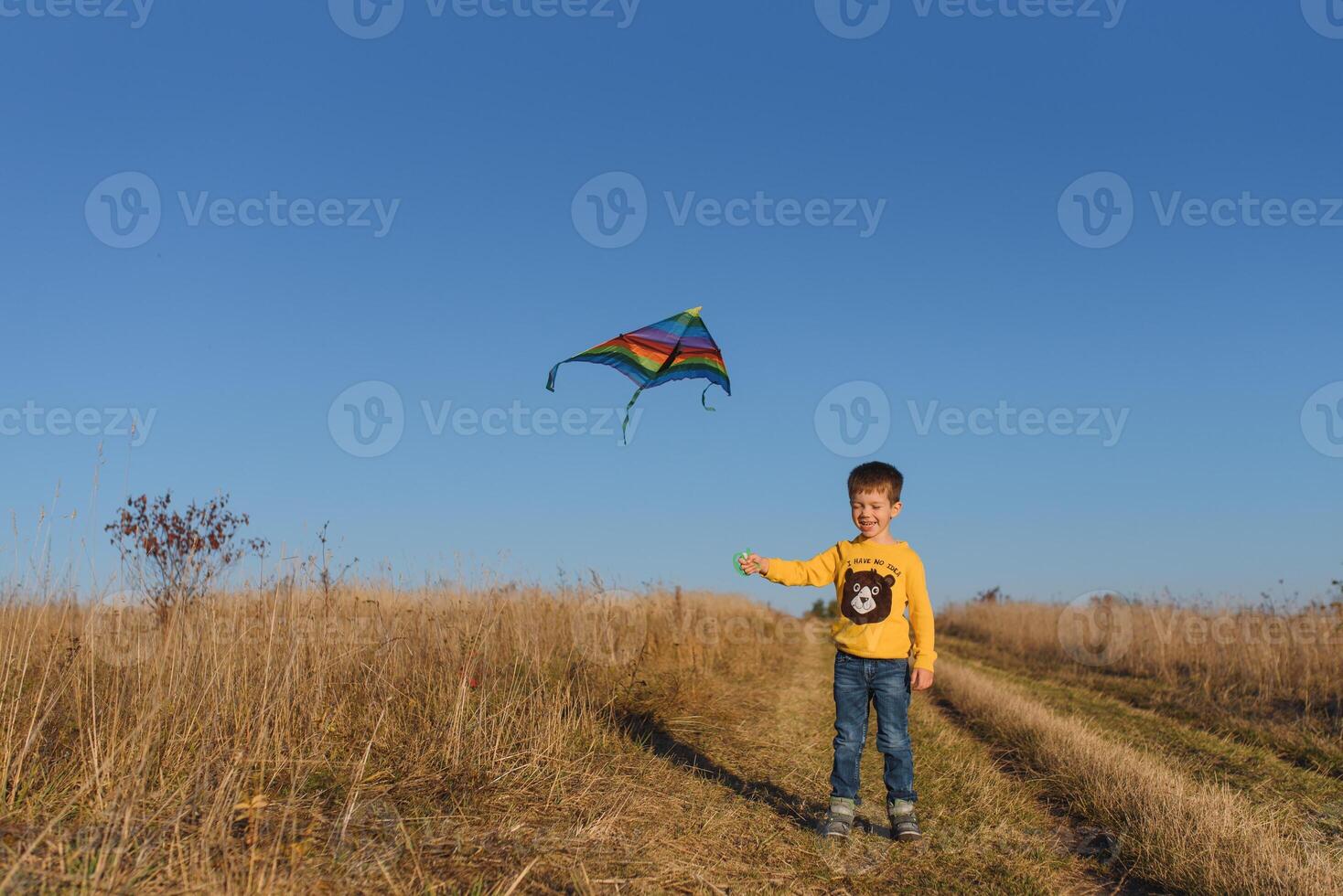 Little boy with kite flying over his head photo