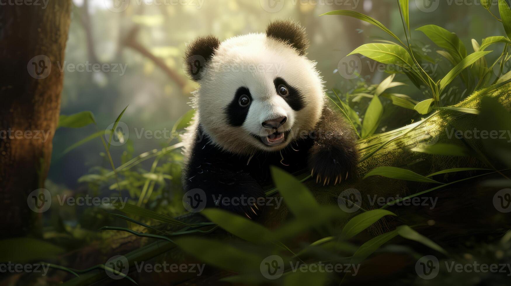 AI generated A panda bear sitting on top of a lush green forest. Generative AI photo