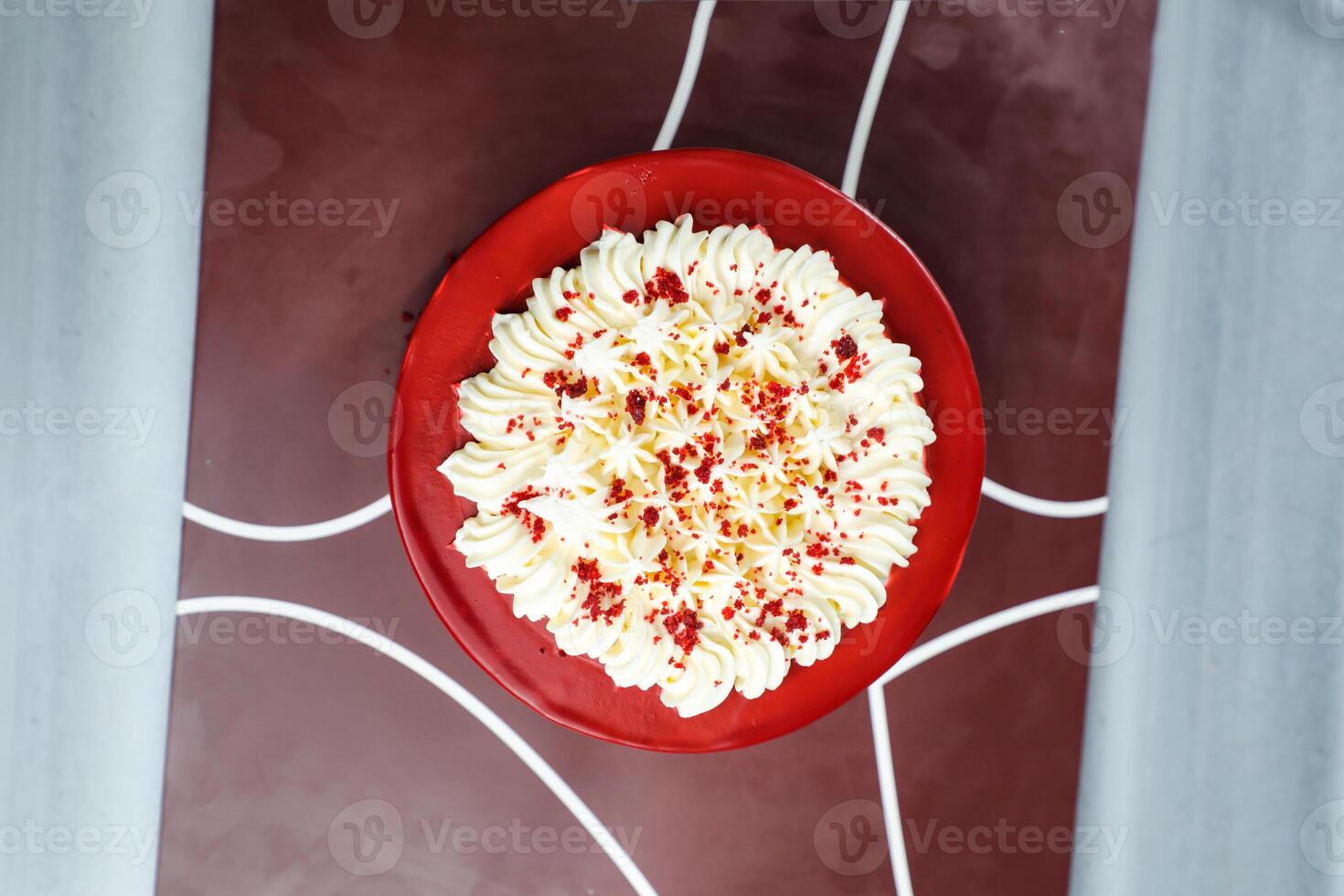 Premium Red Velvet cake include cream, sugar served on board isolated on napkin top view of cafe food photo