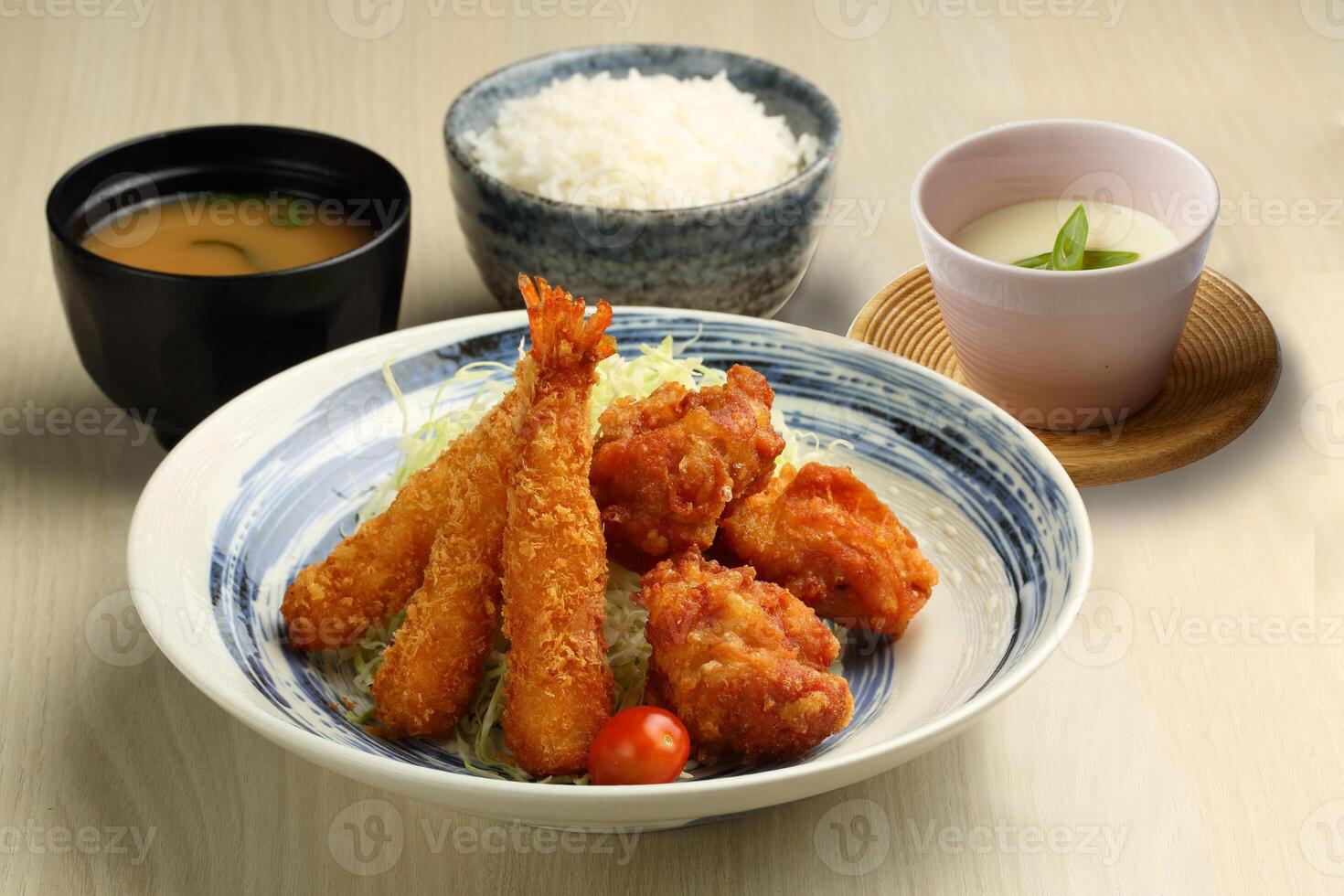 Mix Fry Set Chawanmushi served in a dish isolated on wooden table background side view of singapore food photo