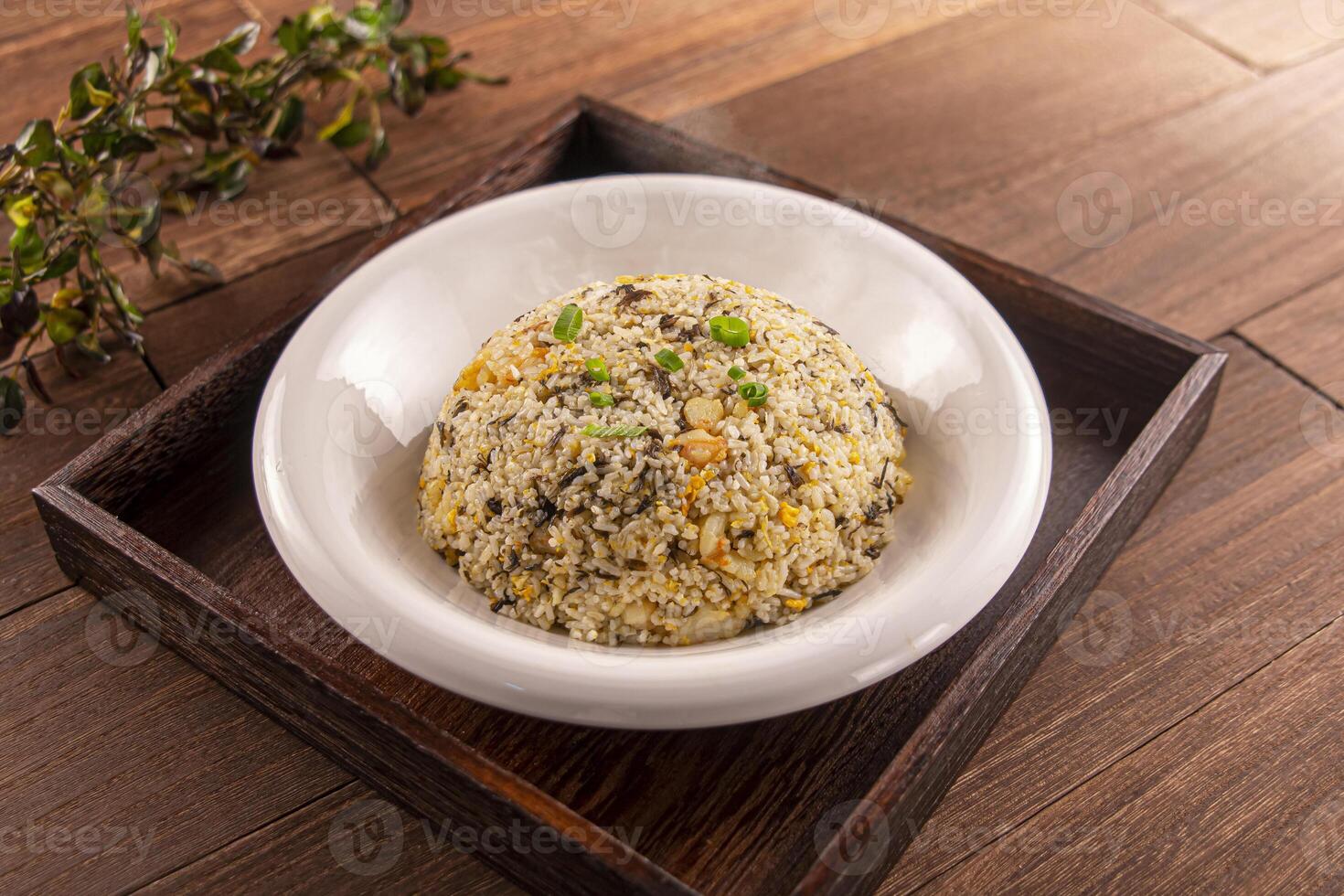 Fried Rice with Shrimp and Olive Vegetables served dish isolated on wooden table top view of Hong Kong food photo
