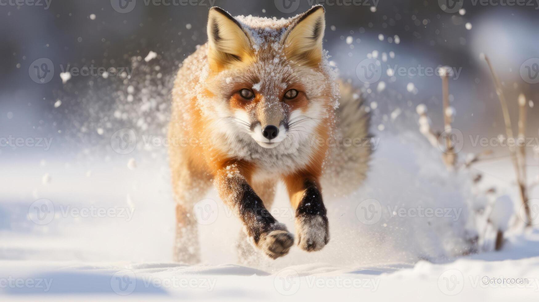 AI generated A red fox running through the snow. Generative AI photo