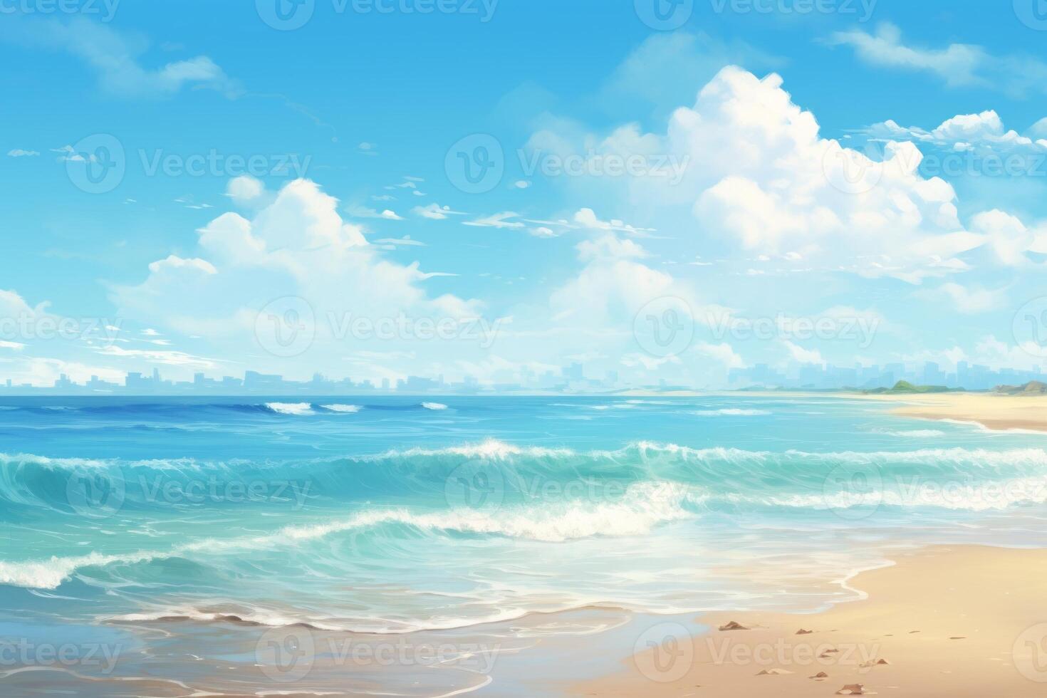 AI generated Tranquil beach scene with gentle waves making for a serene background. Generative AI photo
