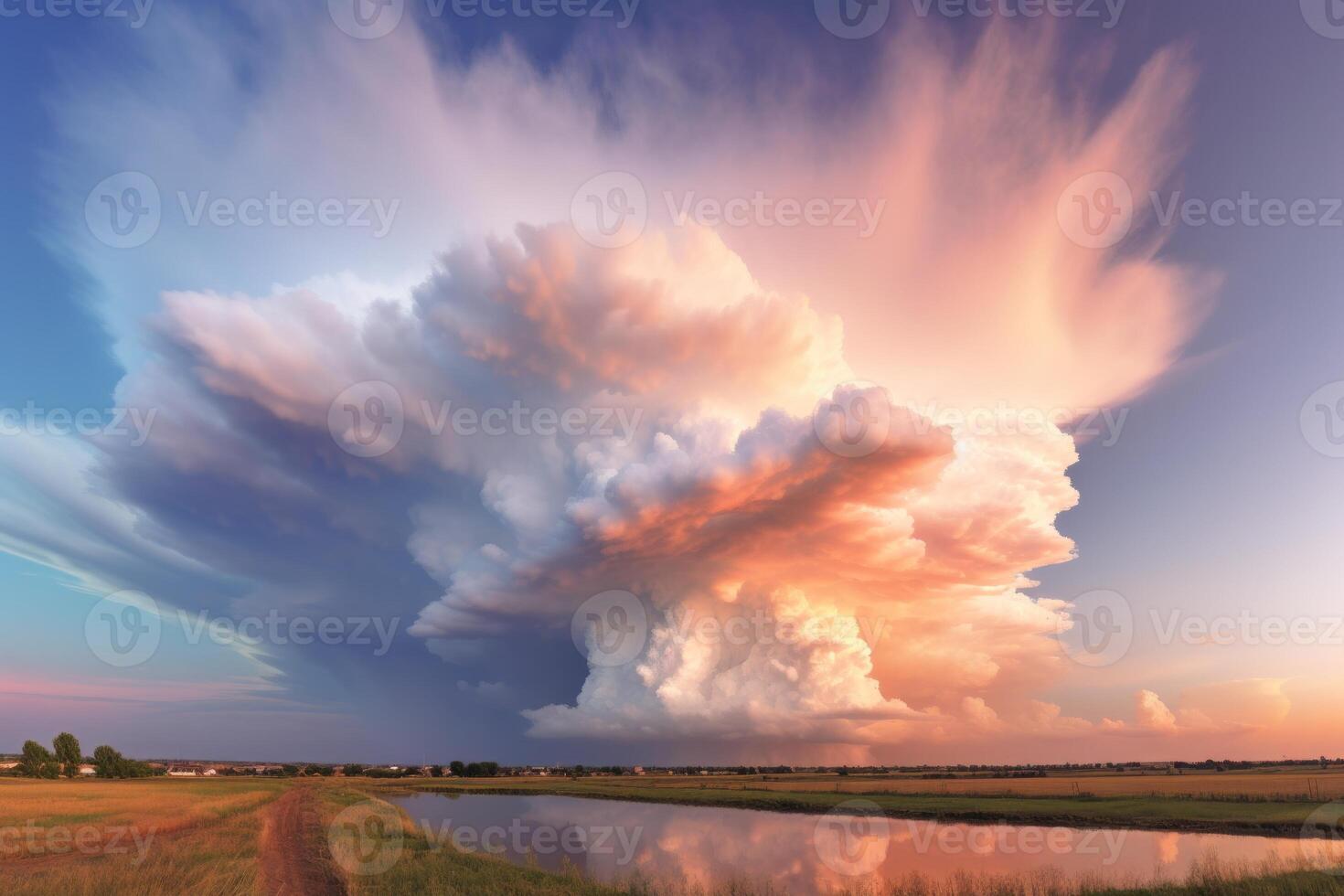 AI generated Massive cloud hovering over a picturesque river. Generative AI photo