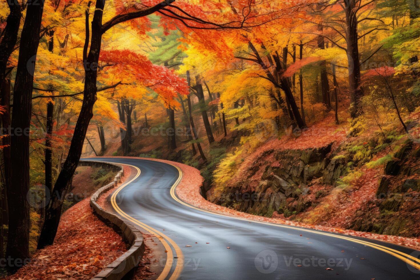 AI generated A winding road through a colorful autumn forest. Generative AI photo