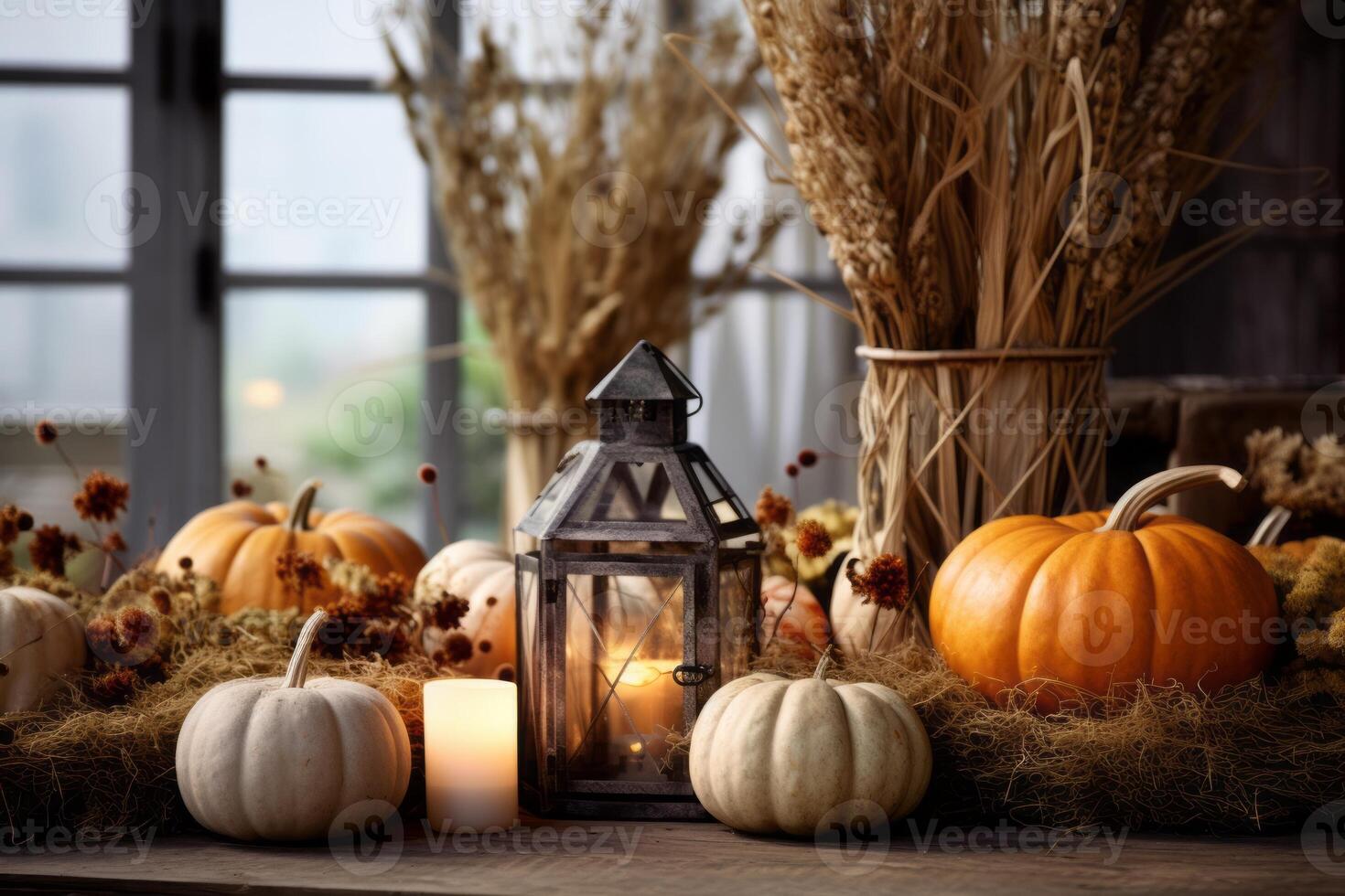 AI generated Autumn tabletop mockup with pumpkins, candles, and fall themed decorations. Generative AI photo