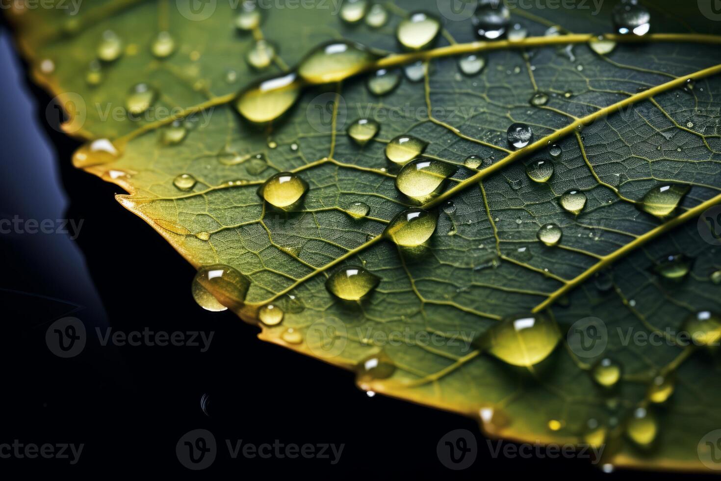 AI generated An extreme close-up of a rain-soaked leaf, revealing its veins. Generative AI photo