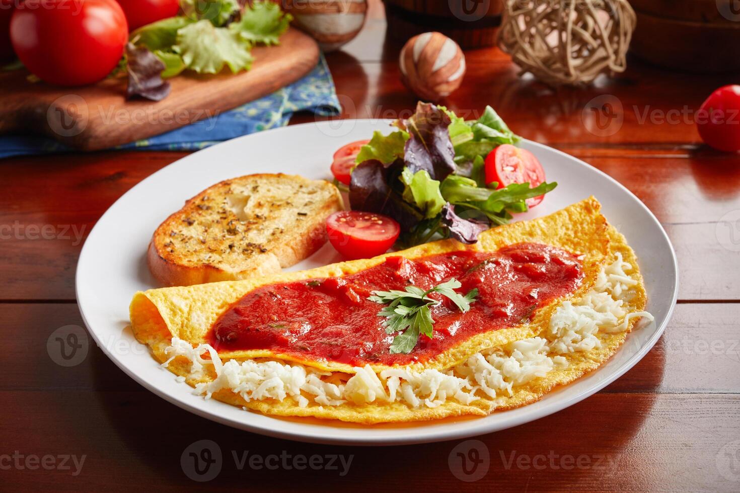 California omelette roll and salad served in a dish isolated on wooden background side view photo