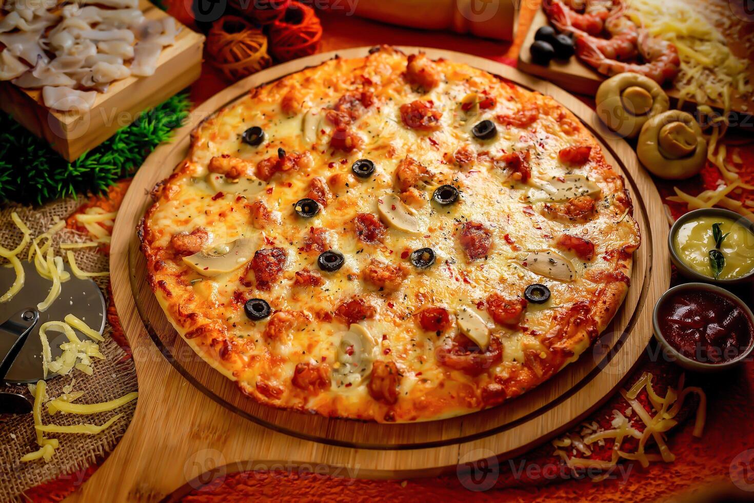 Seafood pizza with tomato sauce and mayo isolated on wooden board top view of italian food on wooden background photo