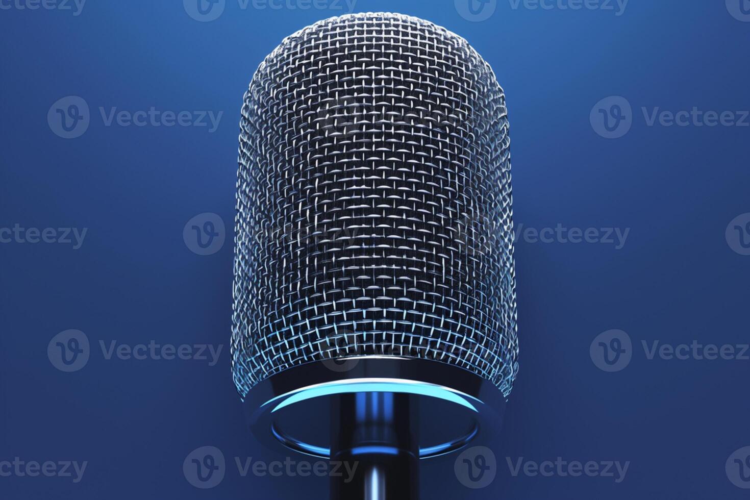 AI generated view 3D render Shiny metal microphone in close up against vivid blue photo