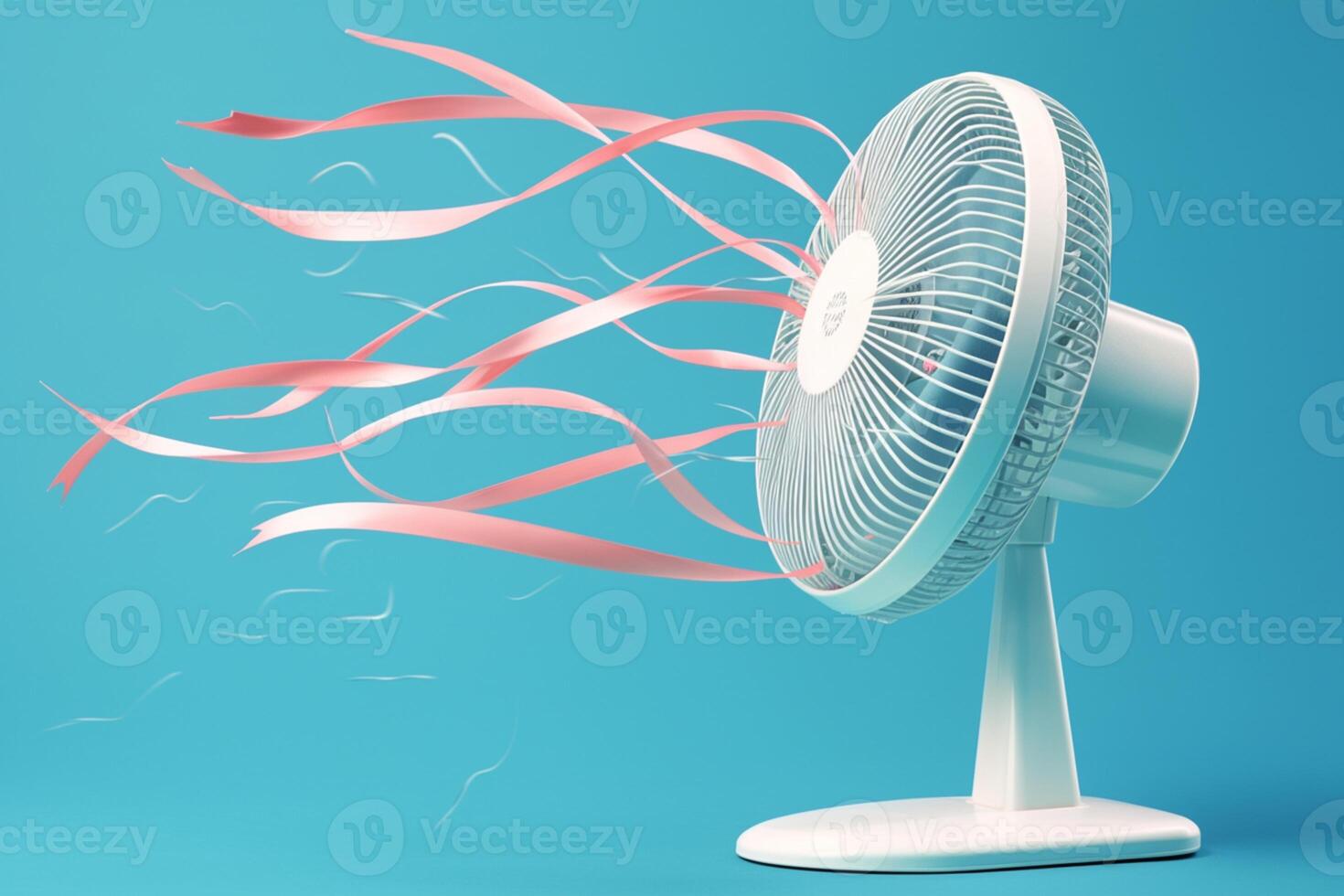 ai generado elegante enfriamiento blanco eléctrico ventilador con rosado cintas en azul foto
