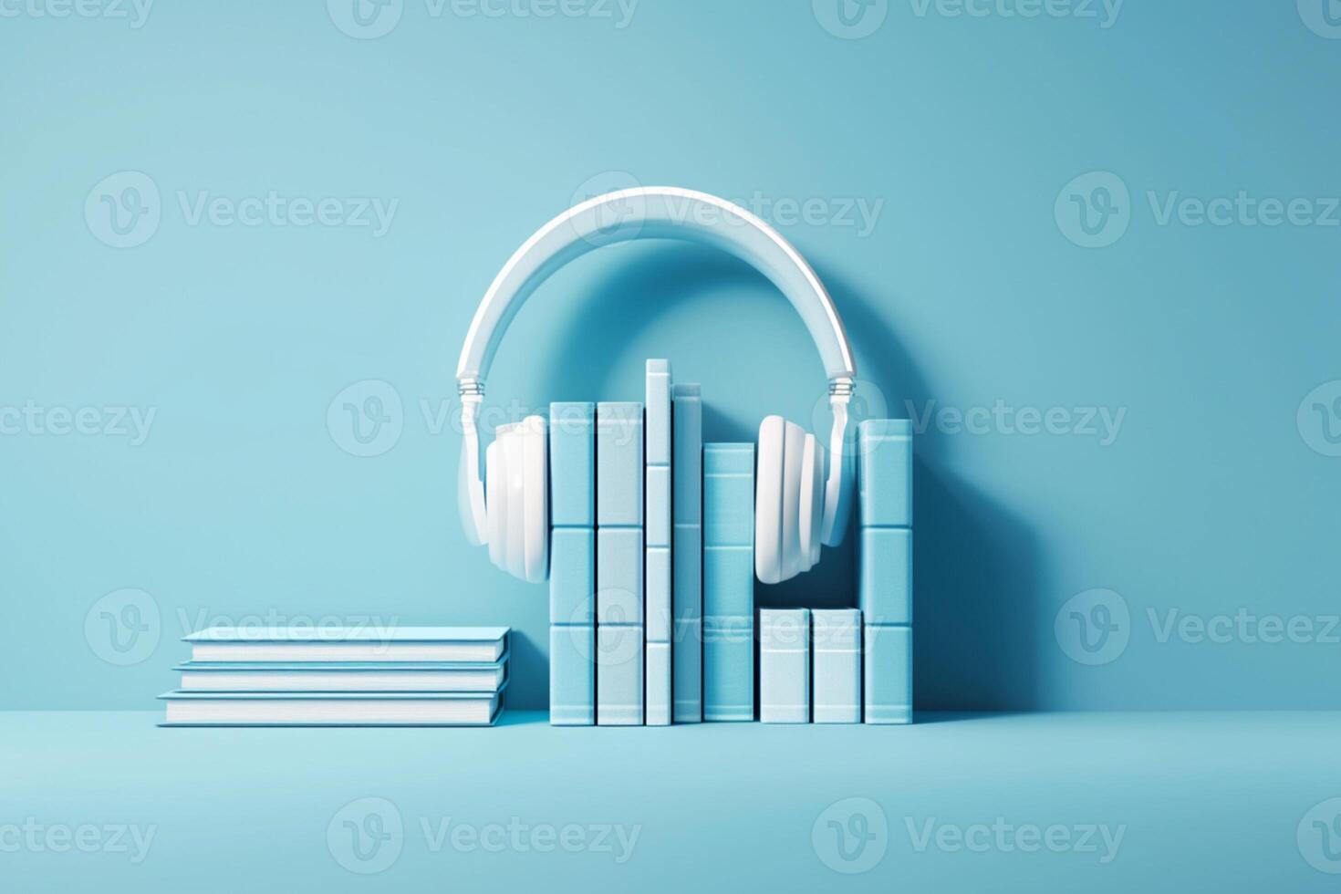 AI generated Modern learning setup Wireless headphones and books on blue background photo