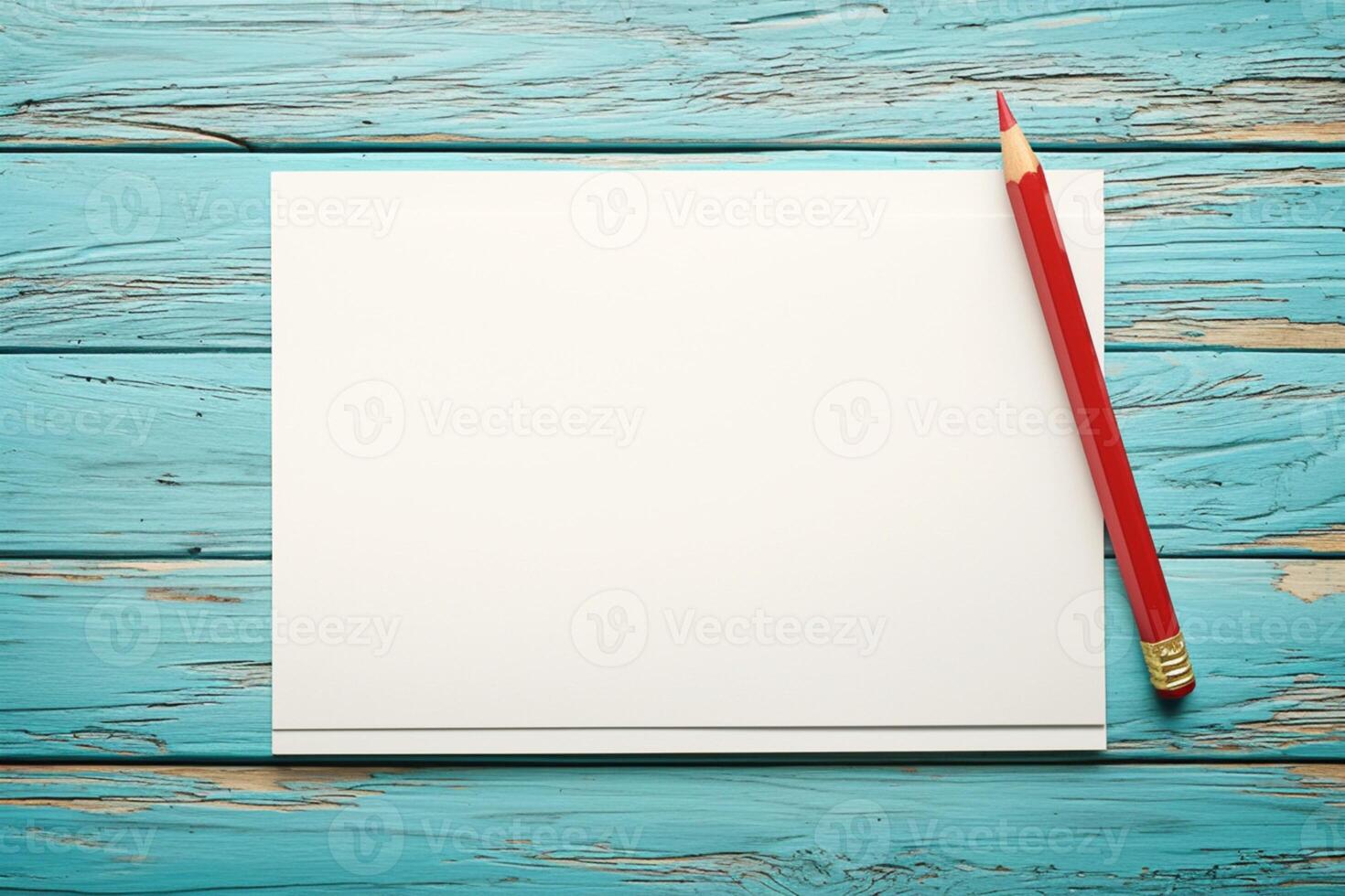 AI generated Educational setting Notepad and red pencil on blue wooden background photo